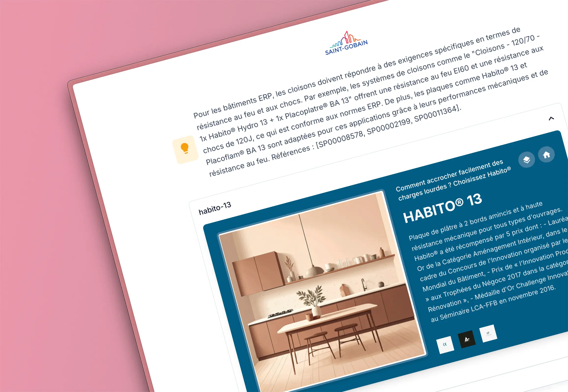 Interface de l'agent conversationnel Saint-Gobain Placo, avec une réponse sourcée.