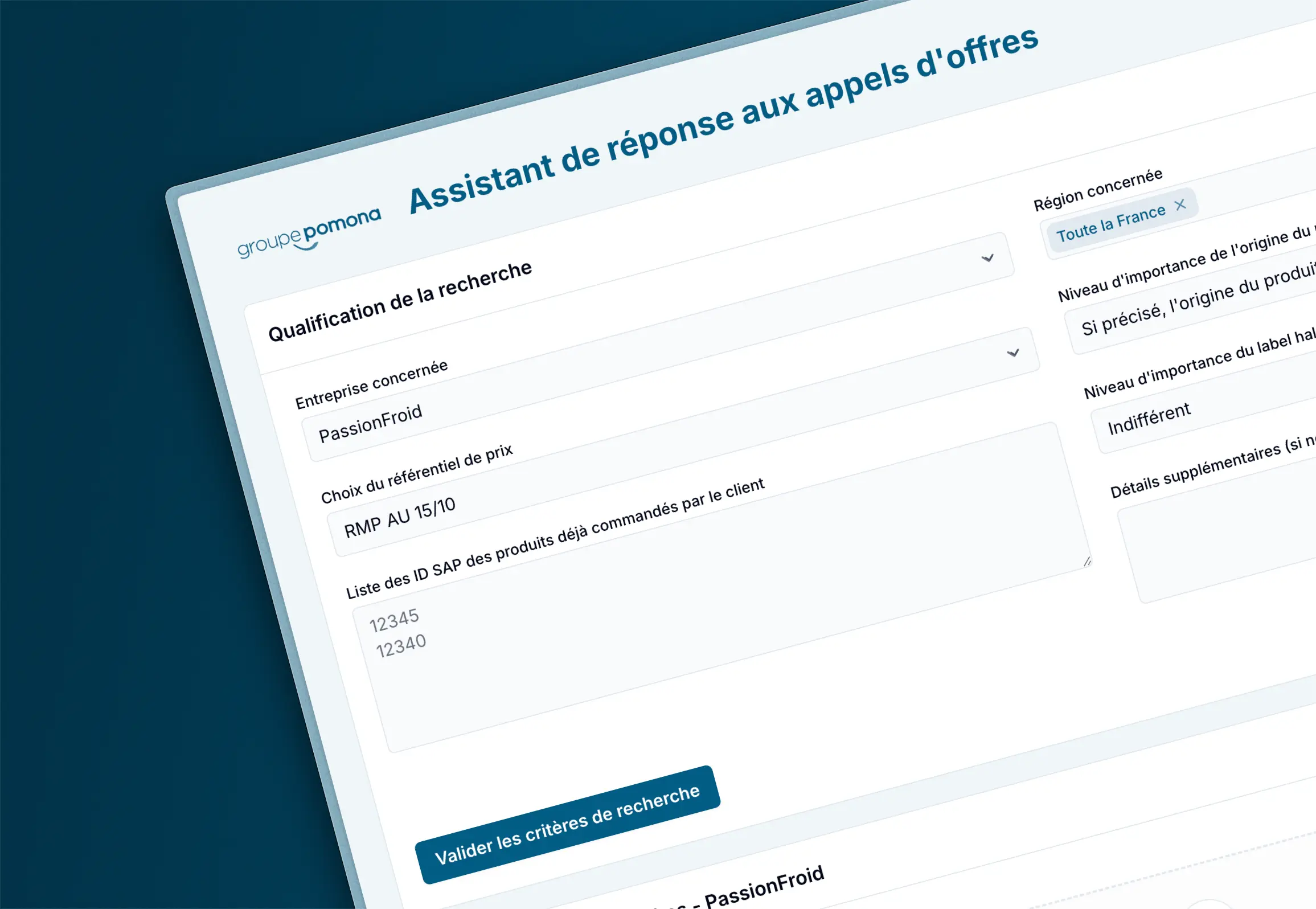 Écran de l'assistant IA Pomona dédié aux appels d'offres.